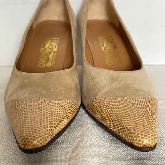 Salvatore Ferragamo Suede/Snake Embossed Leathr Pointed Cap Toe Heels/Shoes 9.5B - Picture 6 of 16